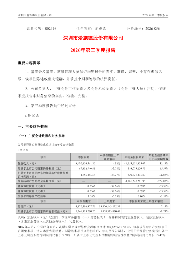 爱施德：2026年第三季度报告