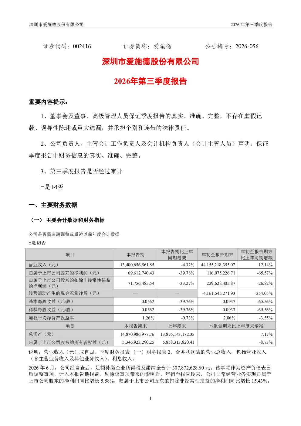 爱施德：2026年第三季度报告