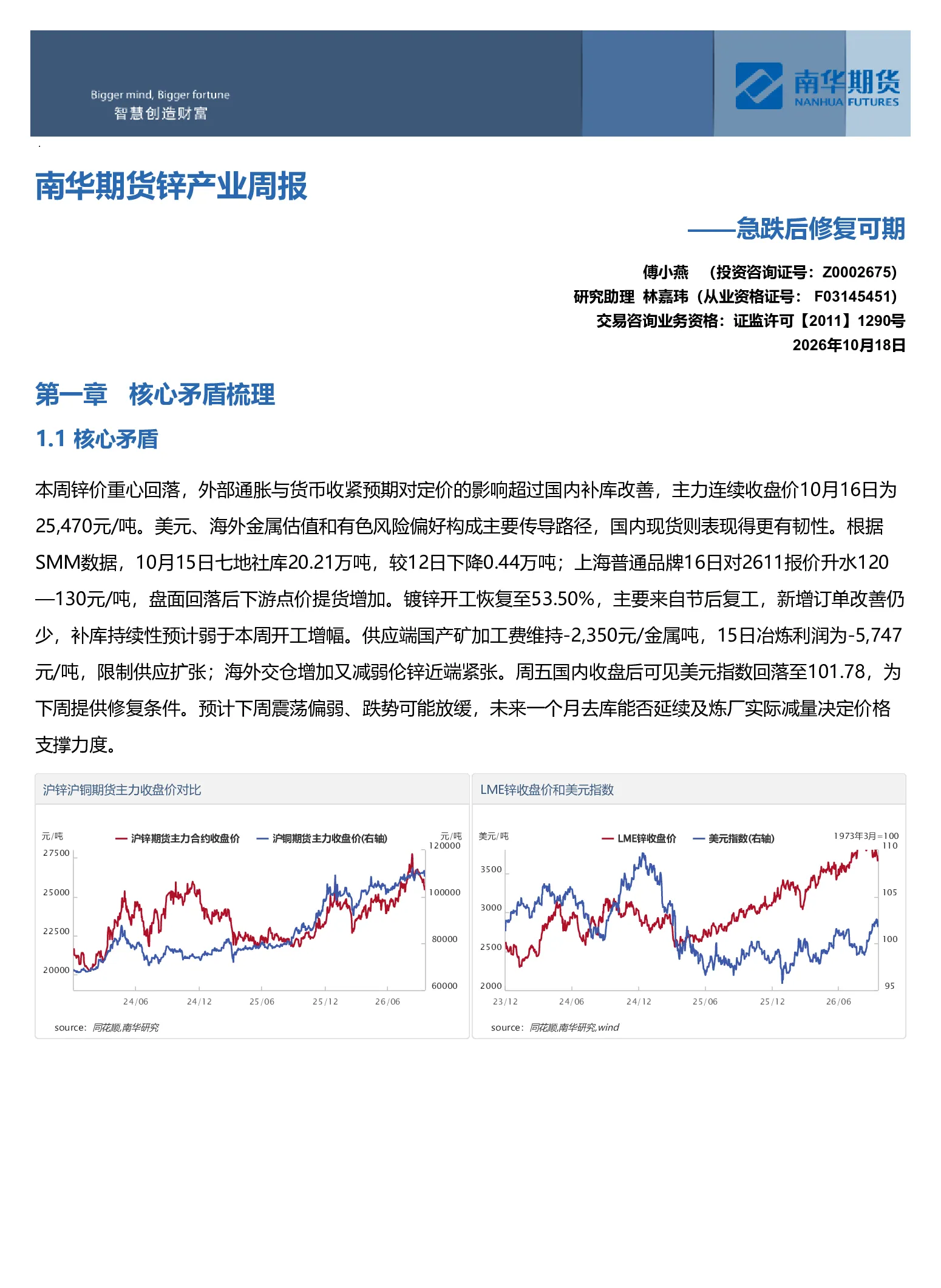 南华期货锌产业周报：急跌后修复可期20261018