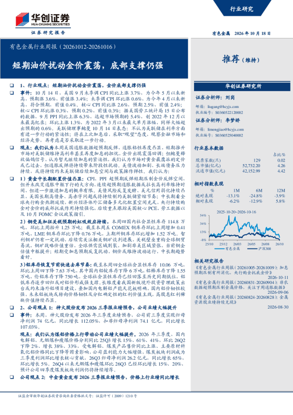 有色金属行业周报（20261012-20261016）：短期油价扰动金价震荡，底部支撑仍强