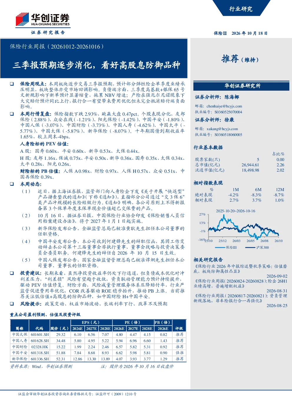 保险行业周报（20261012-20261016）：三季报预期逐步消化，看好高股息防御品种