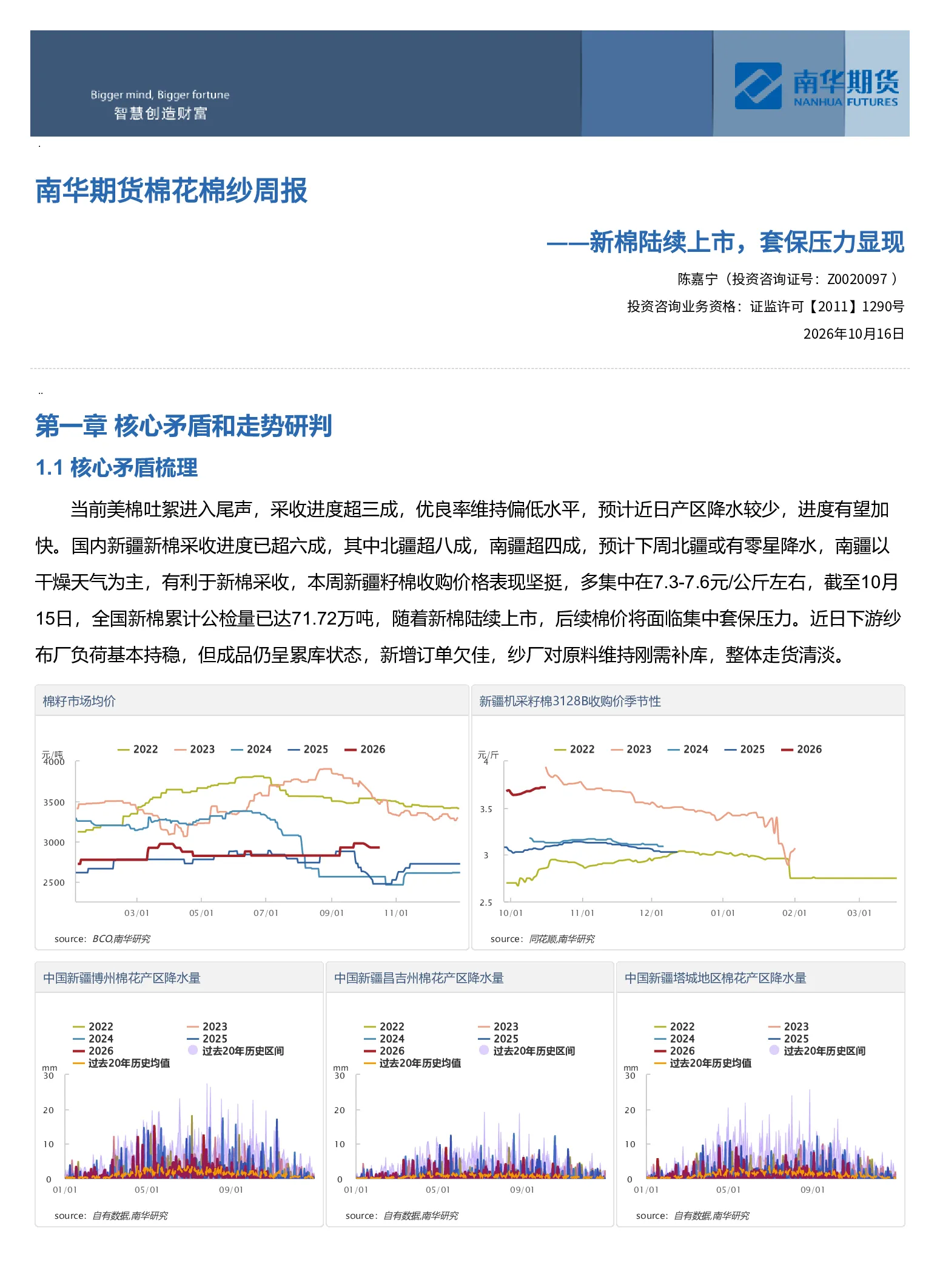 南华期货棉花棉纱周报：新棉陆续上市，套保压力显现20261018