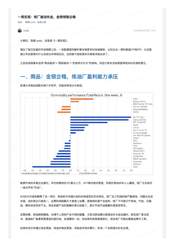一周宏观：炼厂被动失血，金银惊险企稳