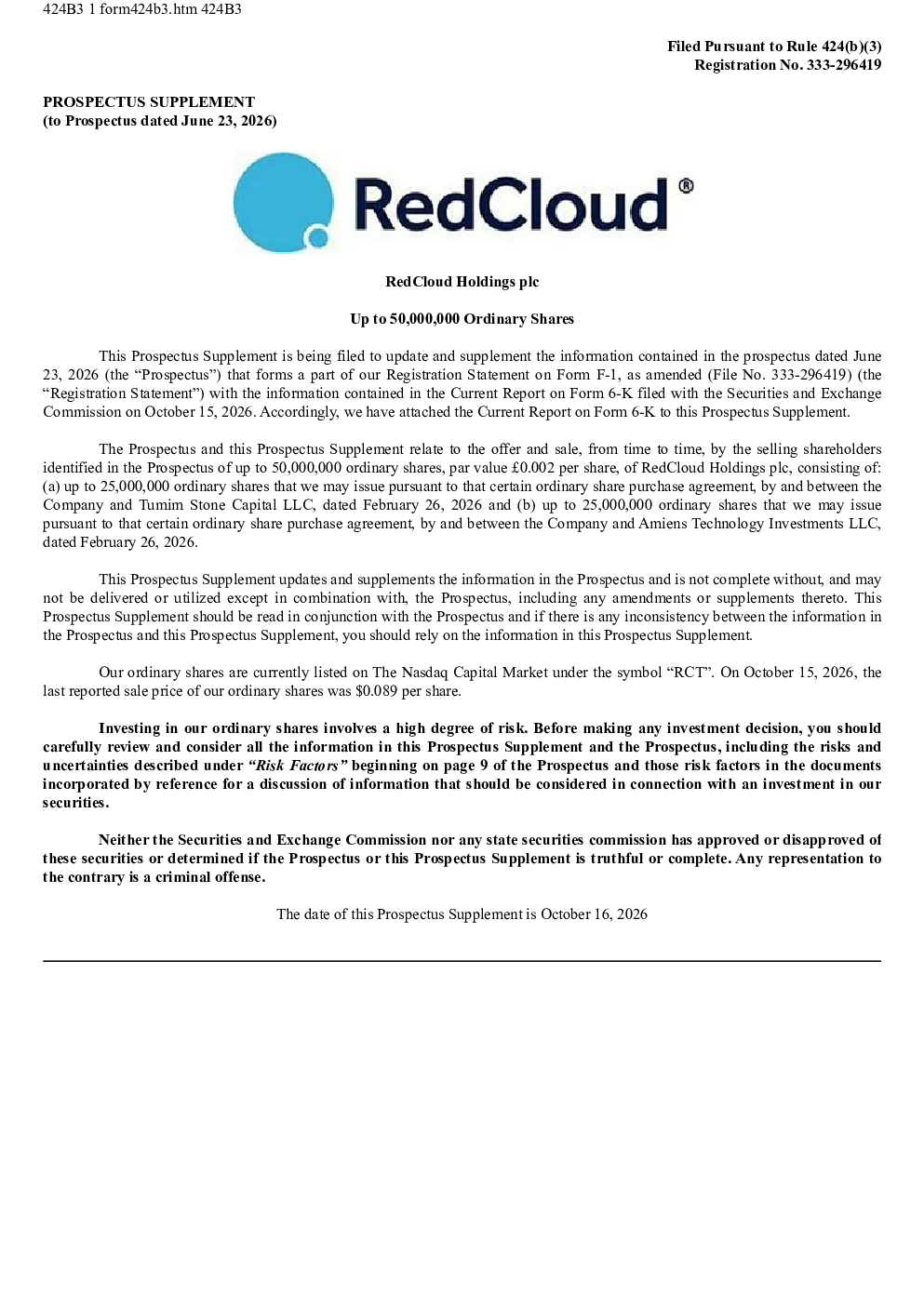 RedCloud Holdings plc美股招股说明书(2026-10-19版)