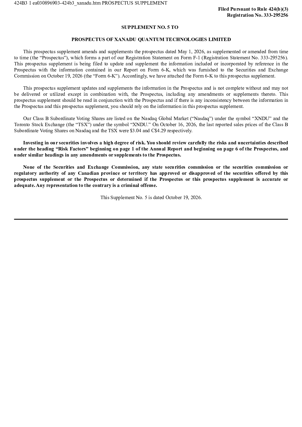 
Xanadu Quantum Technologies Ltd美国存托凭证招股说明书（2026-10-19版）