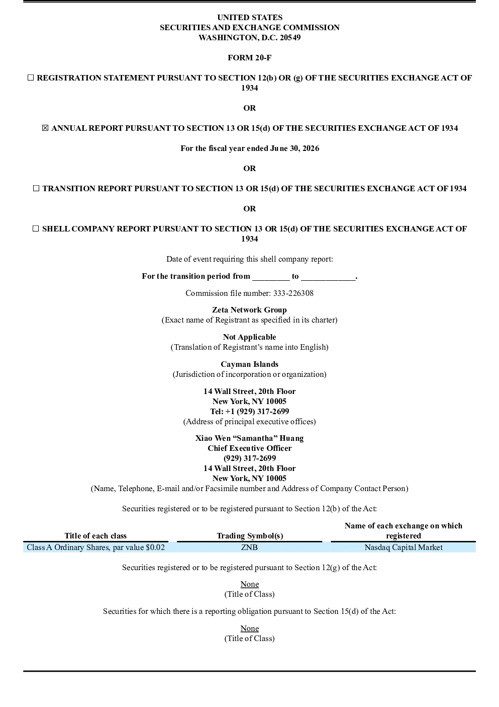 Zeta Network Group-A 2026年年度报告和过渡报告