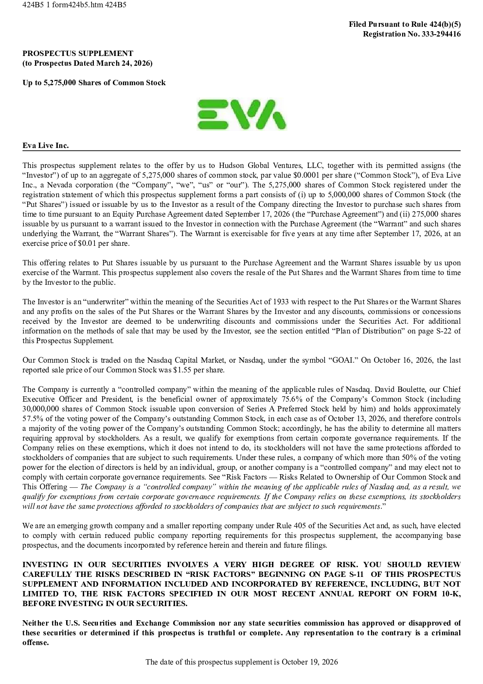 Eva Live Inc美股招股说明书(2026-10-19版)
