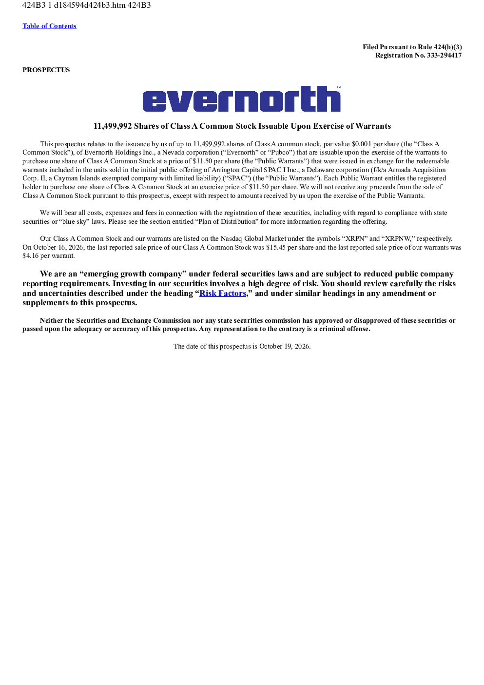 Evernorth Holdings Inc-A美股招股说明书(2026-10-19版)