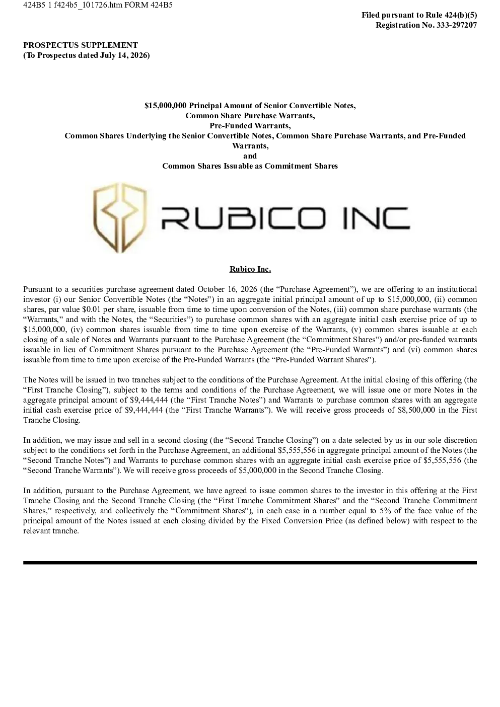 Rubico Inc美股招股说明书(2026-10-19版)
