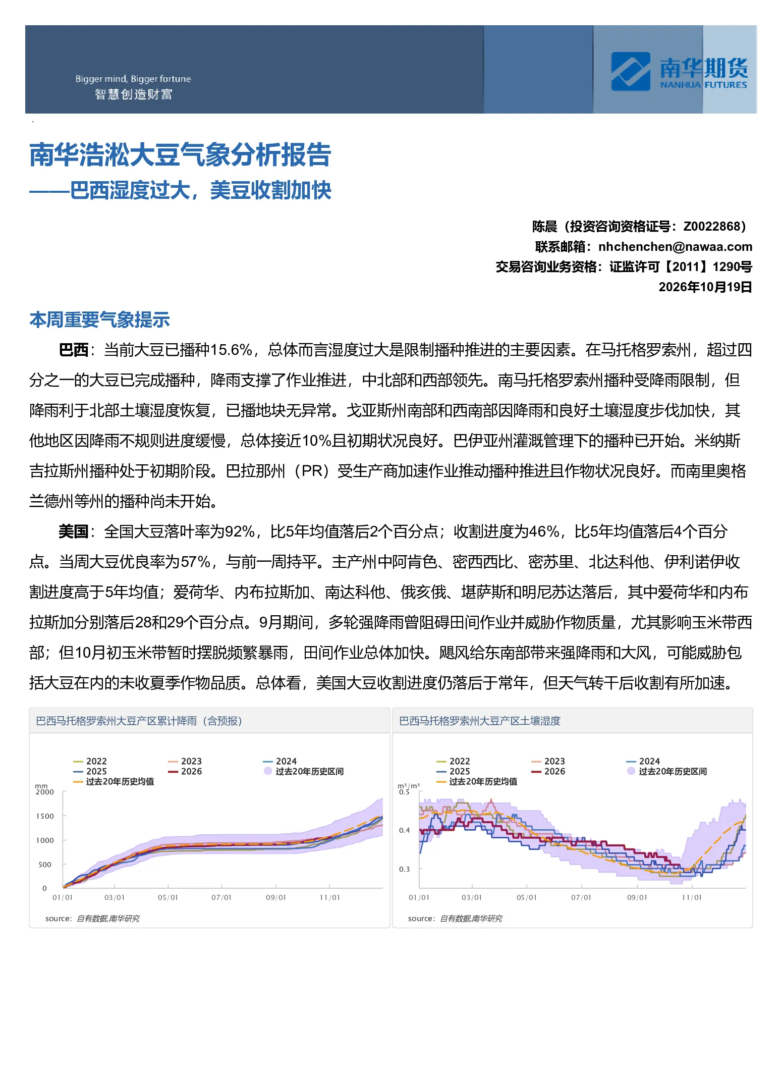 南华浩淞大豆气象分析报告-巴西湿度过大，美豆收割加快