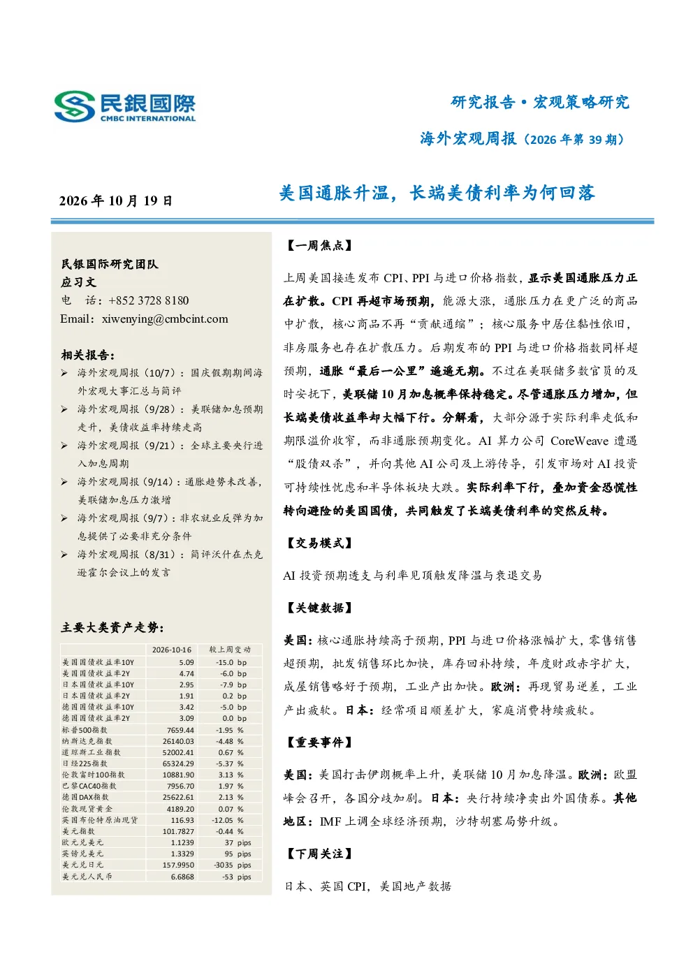 海外宏观周报（2026年第39期）：美国通胀升温，长端美债利率为何回落