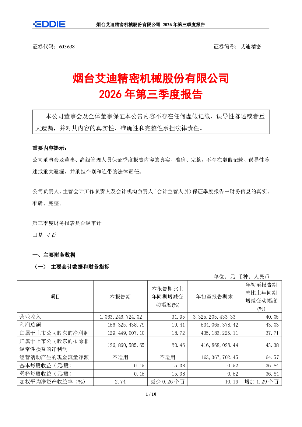 艾迪精密：2026年第三季度报告