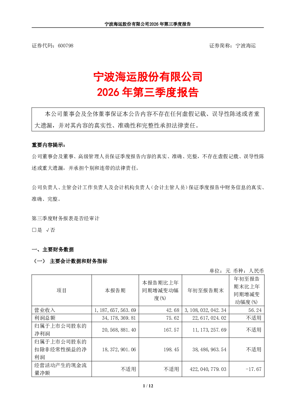 宁波海运：2026年第三季度报告
