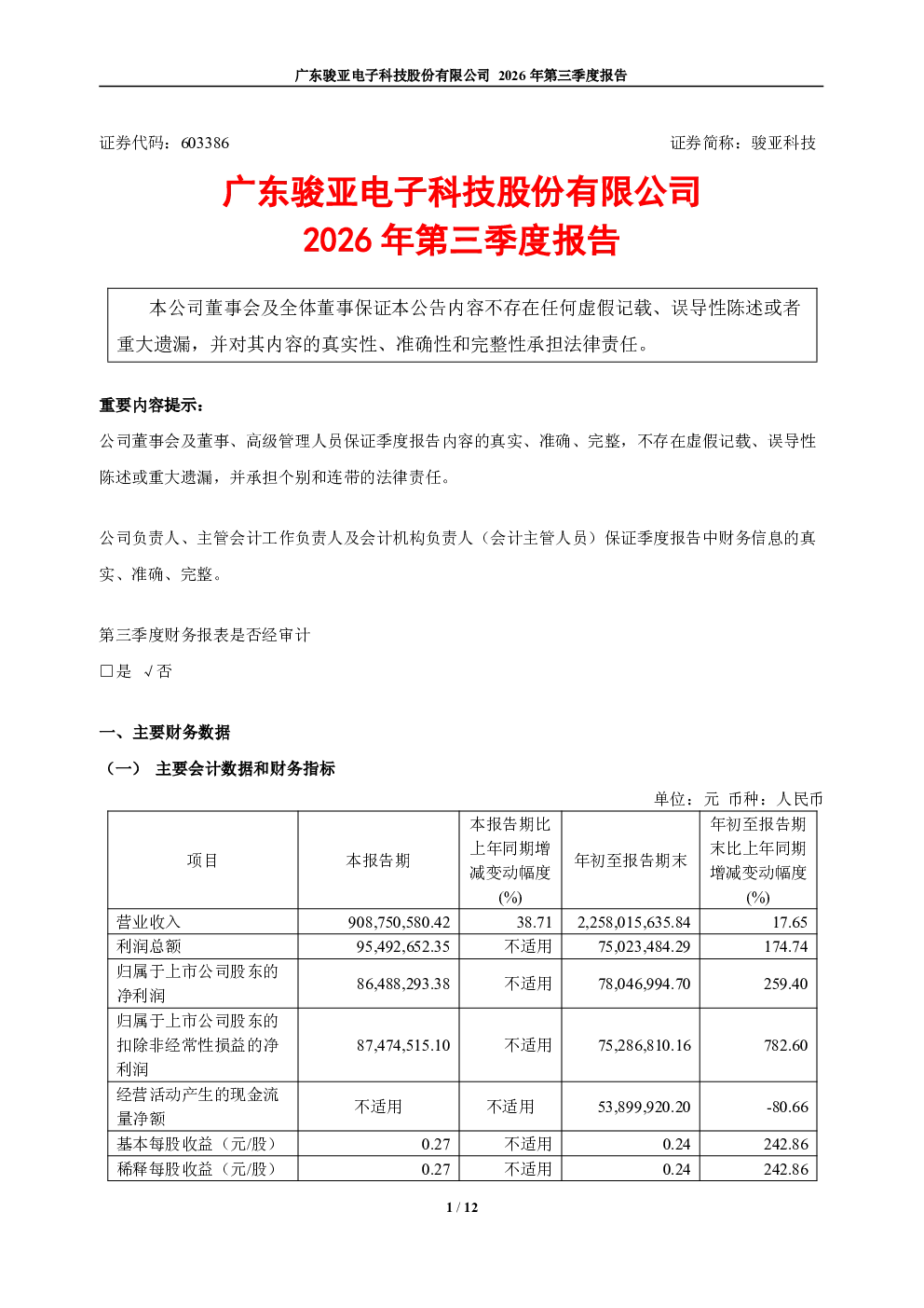 骏亚科技：2026年第三季度报告