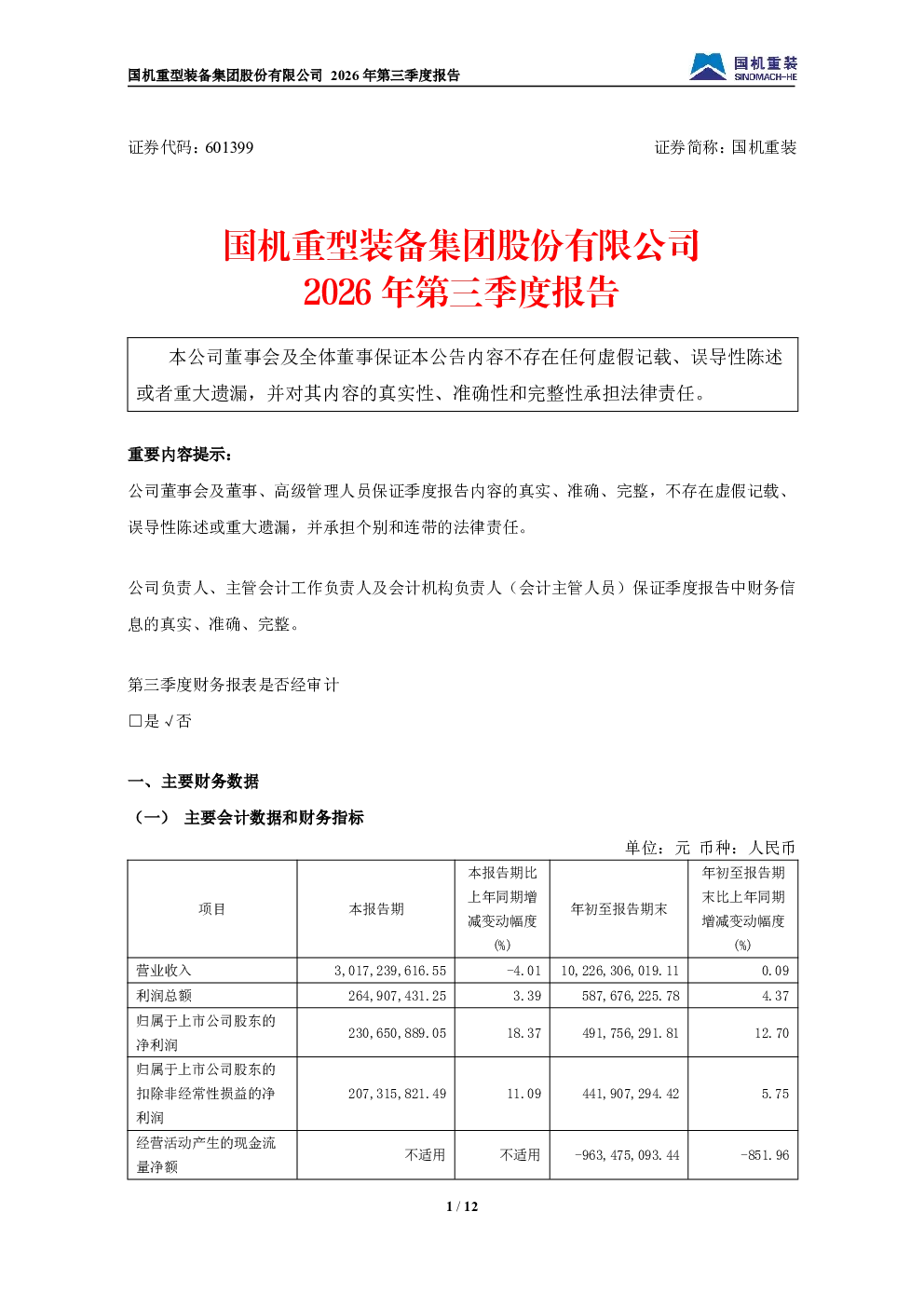 国机重装：2026年第三季度报告