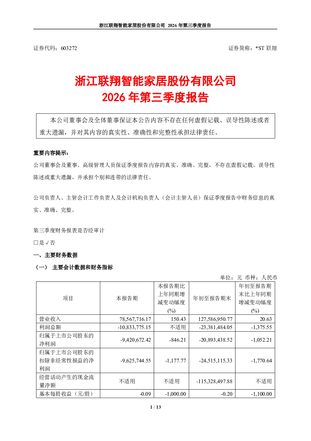 *ST联翔：2026年第三季度报告