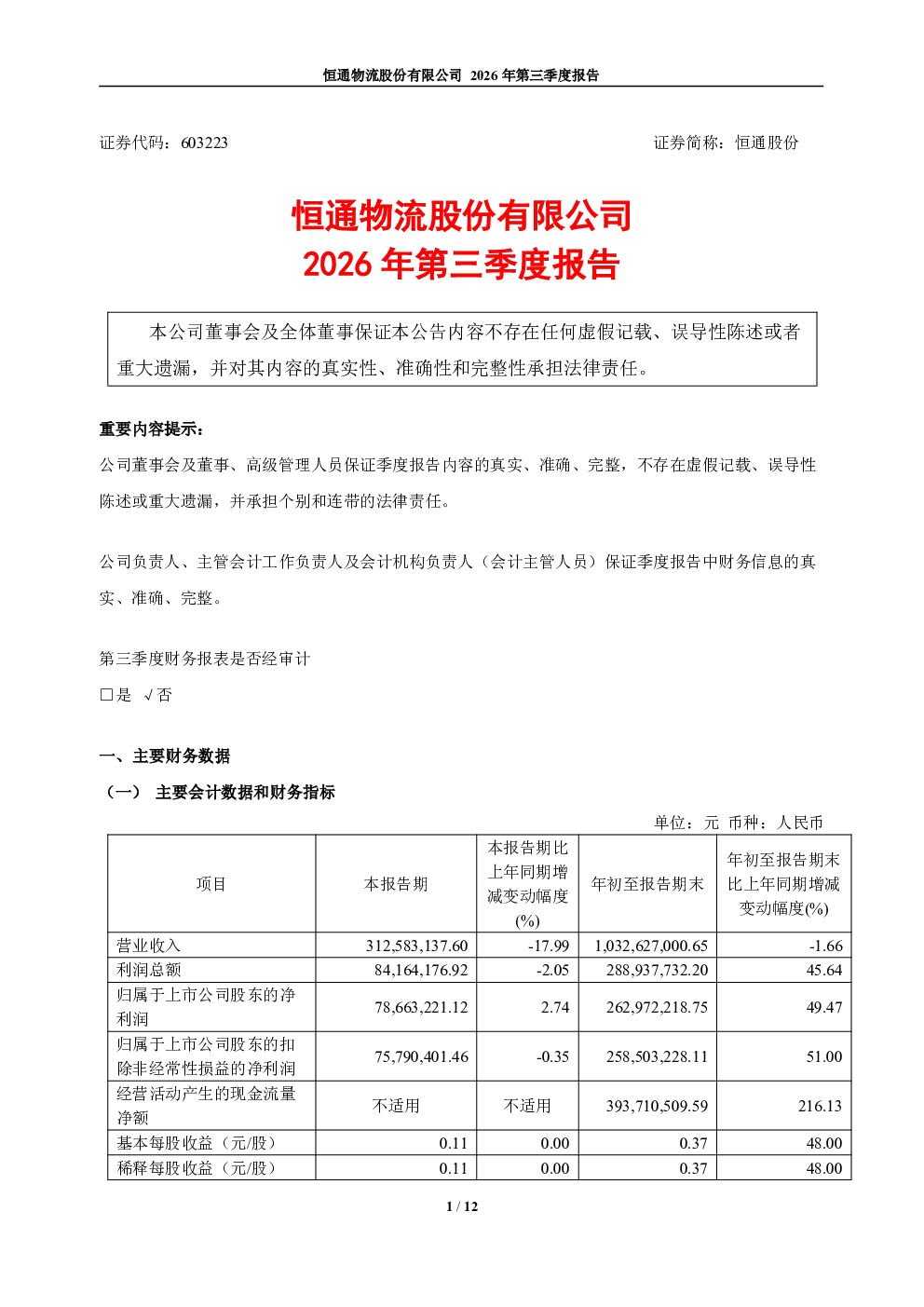 恒通股份：2026年第三季度报告