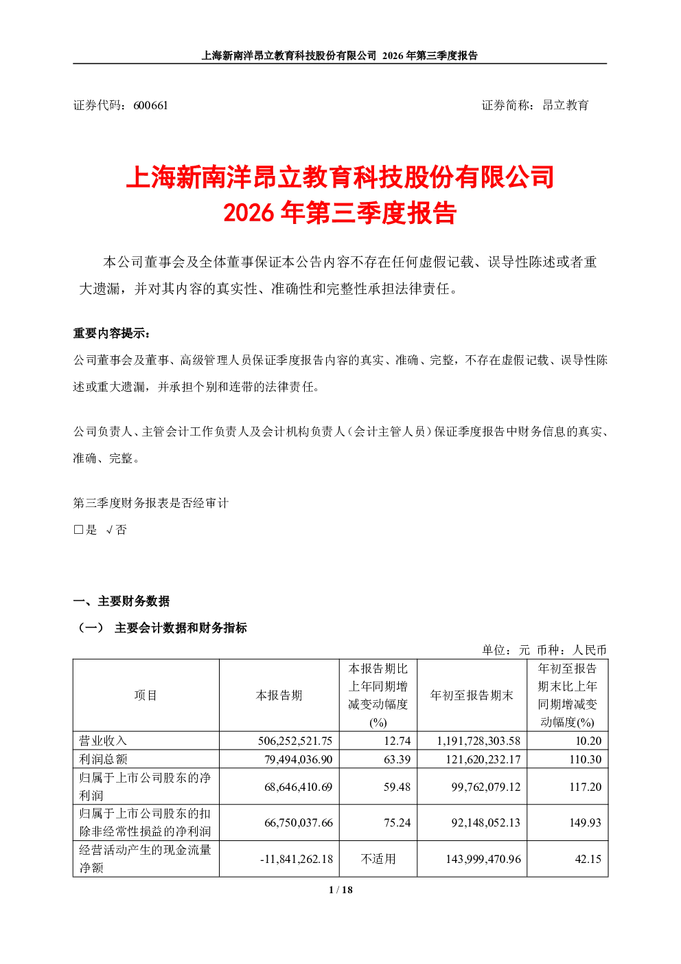 昂立教育：2026年第三季度报告