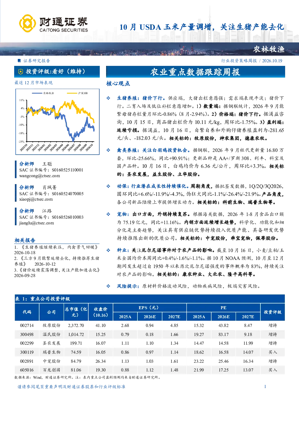 10月USDA玉米产量调增，关注生猪产能去化