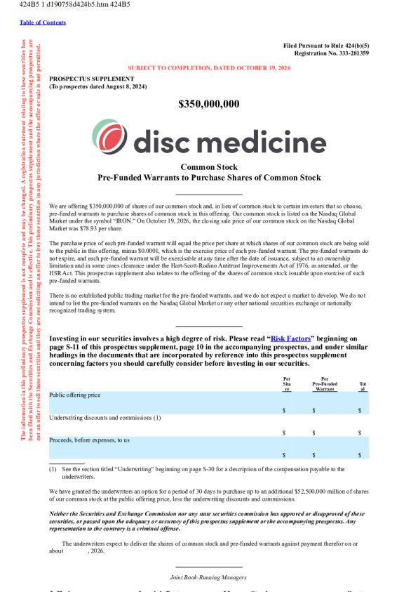 Disc Medicine Inc美股招股说明书(2026-10-20版)