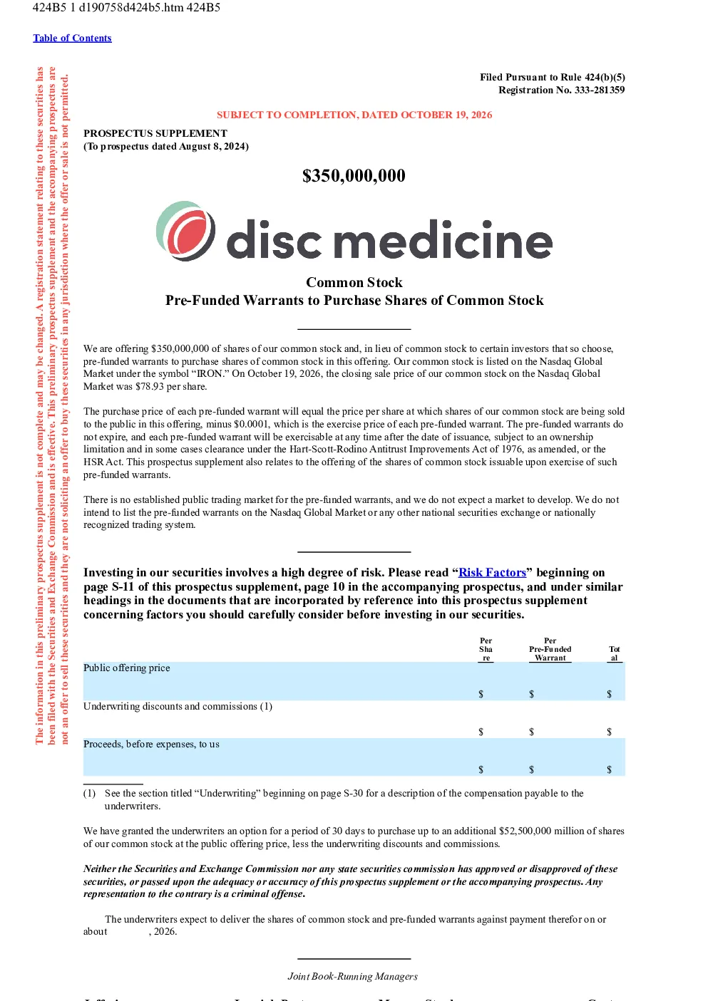 Disc Medicine Inc美股招股说明书(2026-10-20版)