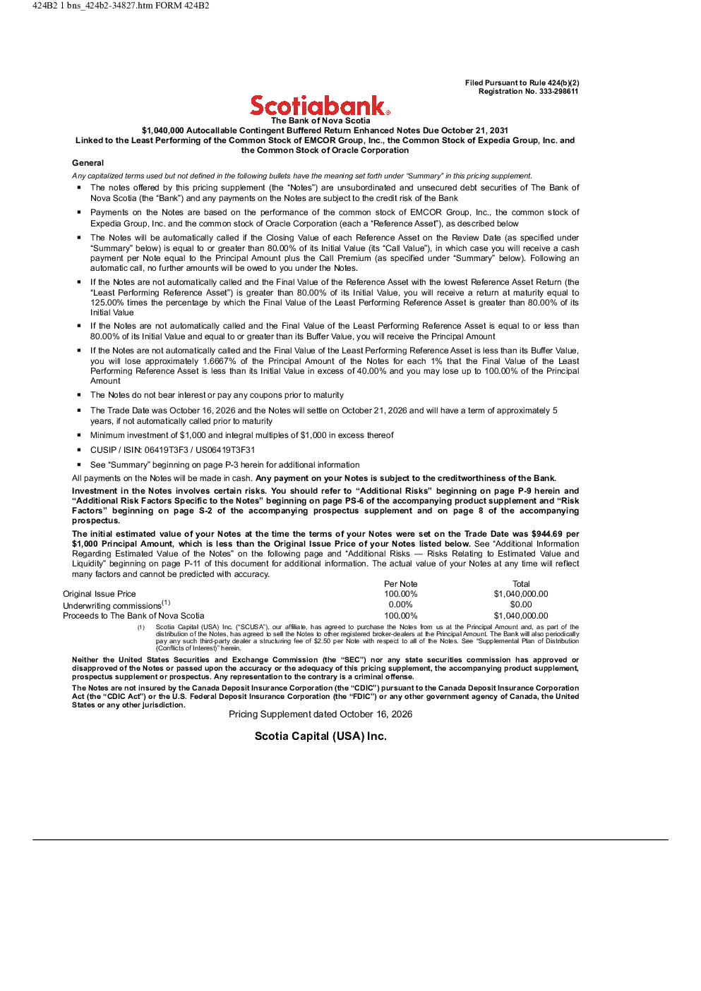 丰业银行美股招股说明书(2026-10-20版)