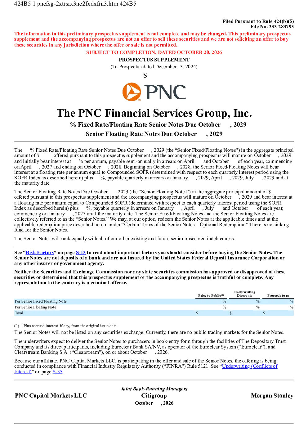 PNC金融服务集团美股招股说明书(2026-10-20版)