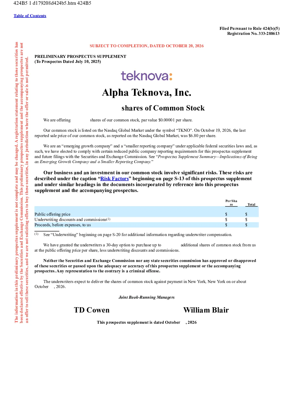 Alpha Teknova Inc美股招股说明书(2026-10-20版)