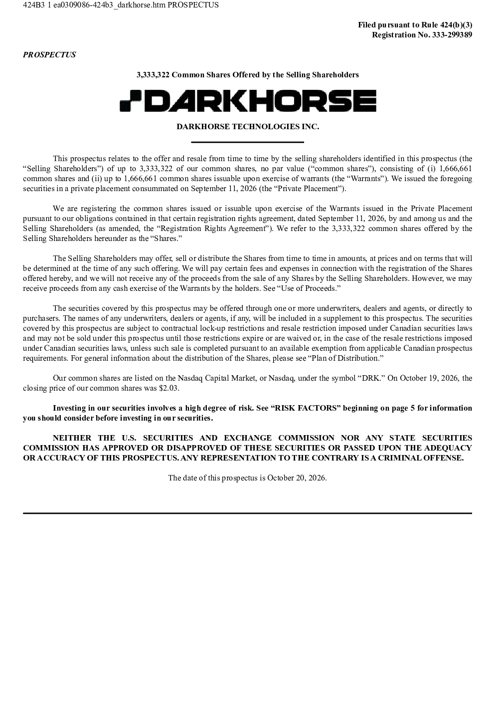 DarkHorse Technologies Inc美股招股说明书(2026-10-20版)