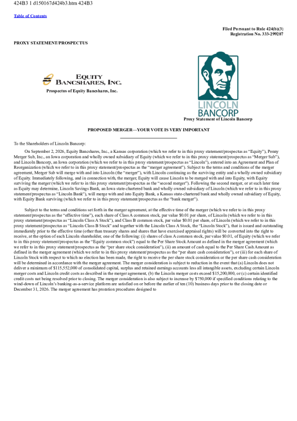 Equity Bancshares Inc-A美股招股说明书(2026-10-20版)