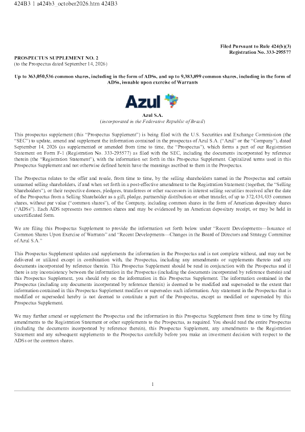 Azul SA ADR美股招股说明书(2026-10-20版)