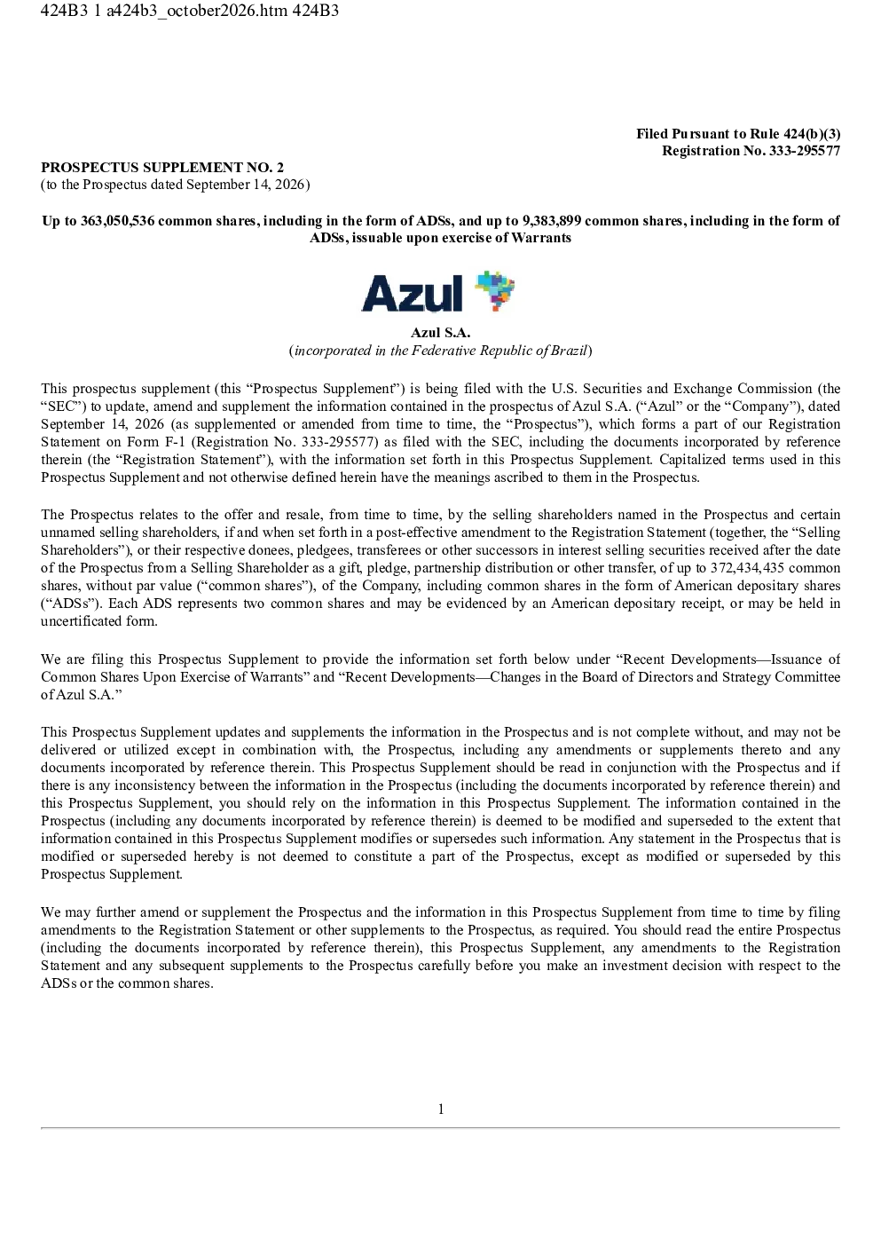 Azul SA ADR美股招股说明书(2026-10-20版)