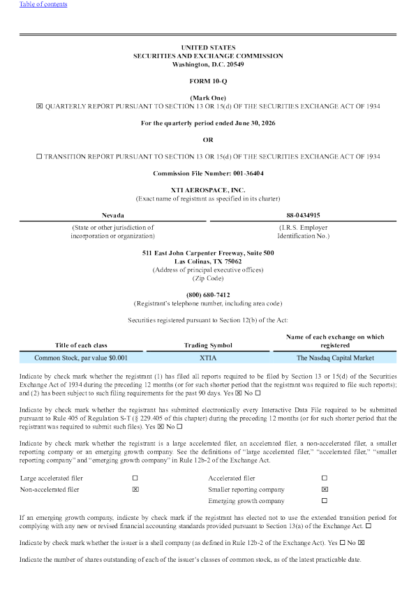 XTI Aerospace Inc 2026年季度报告