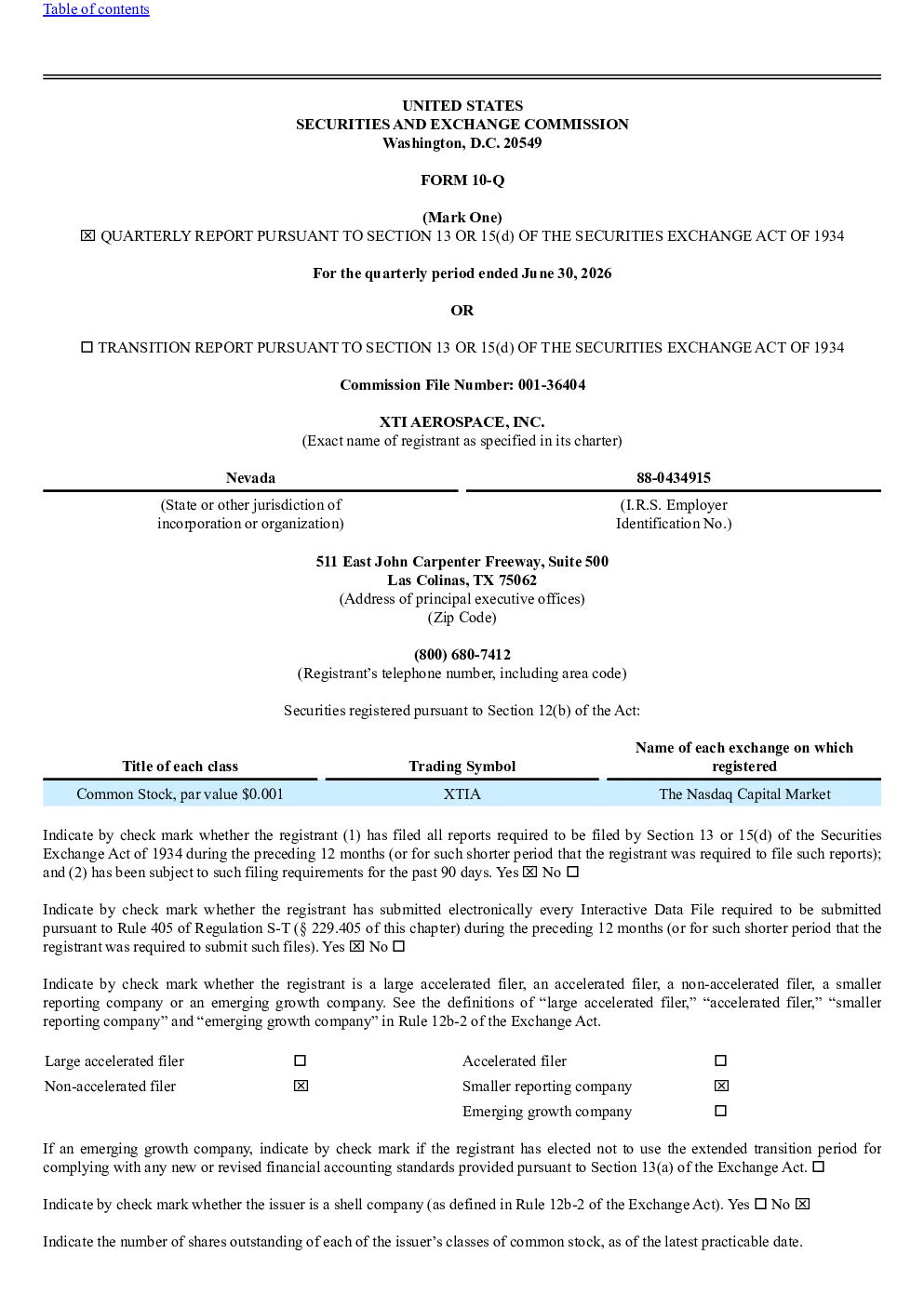 XTI Aerospace Inc 2026年季度报告