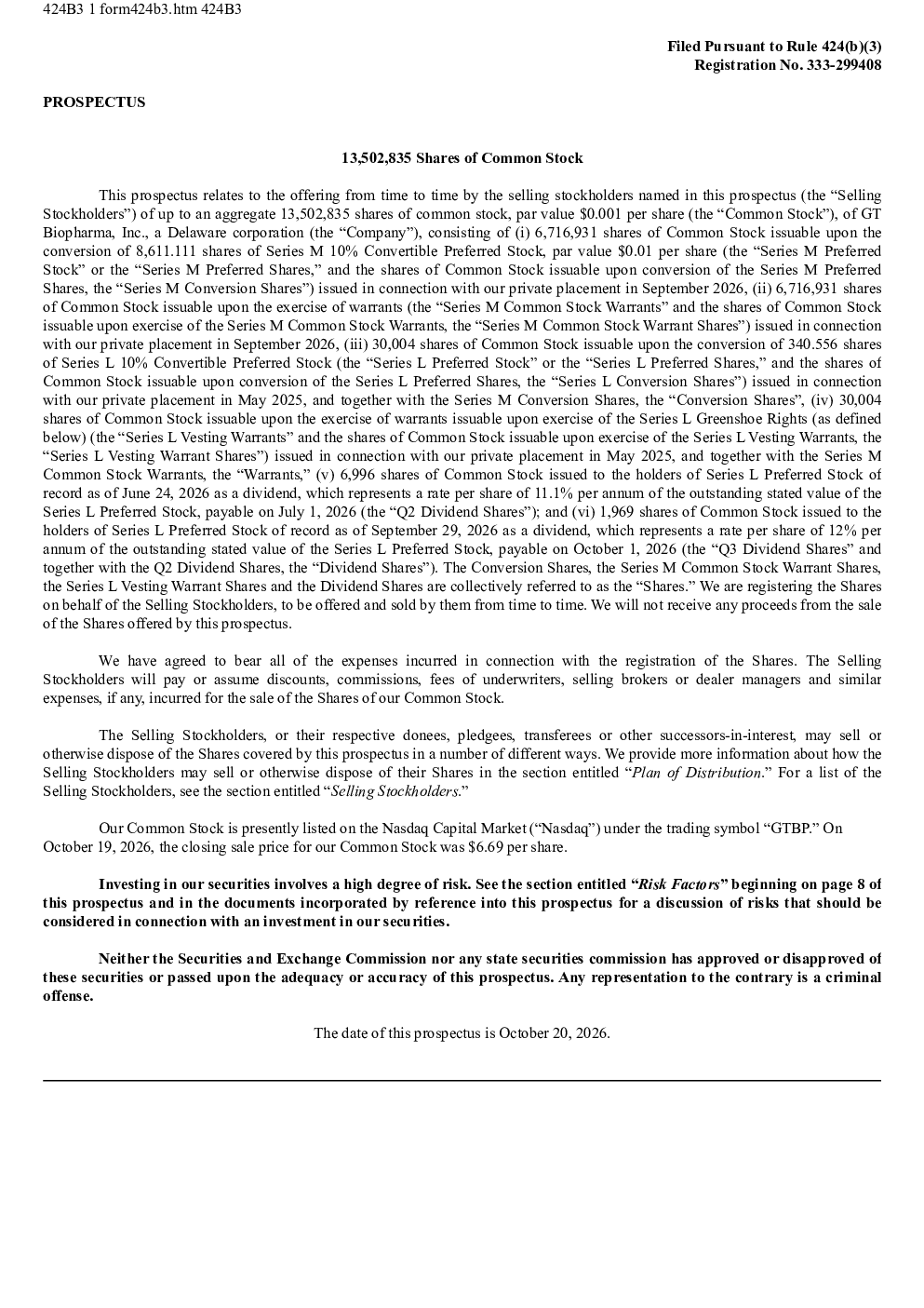 GT Biopharma Inc美股招股说明书(2026-10-20版)