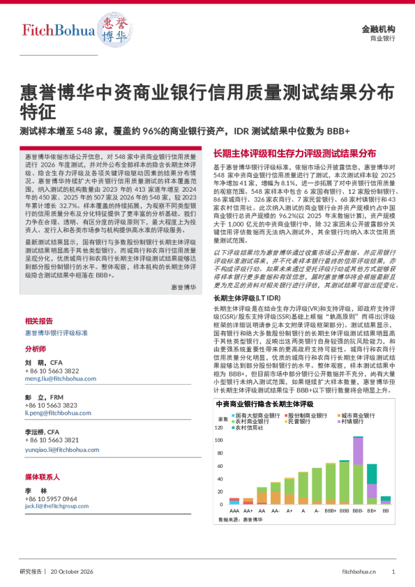 惠誉博华中资商业银行信用质量测试结果分布特征