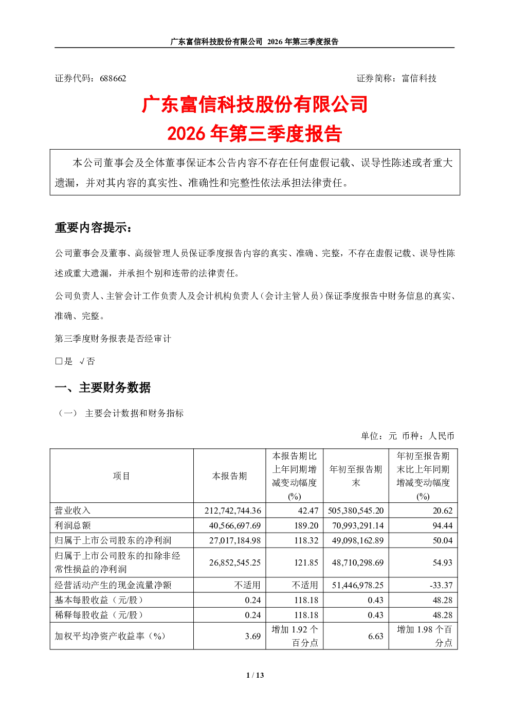 富信科技：2026年第三季度报告