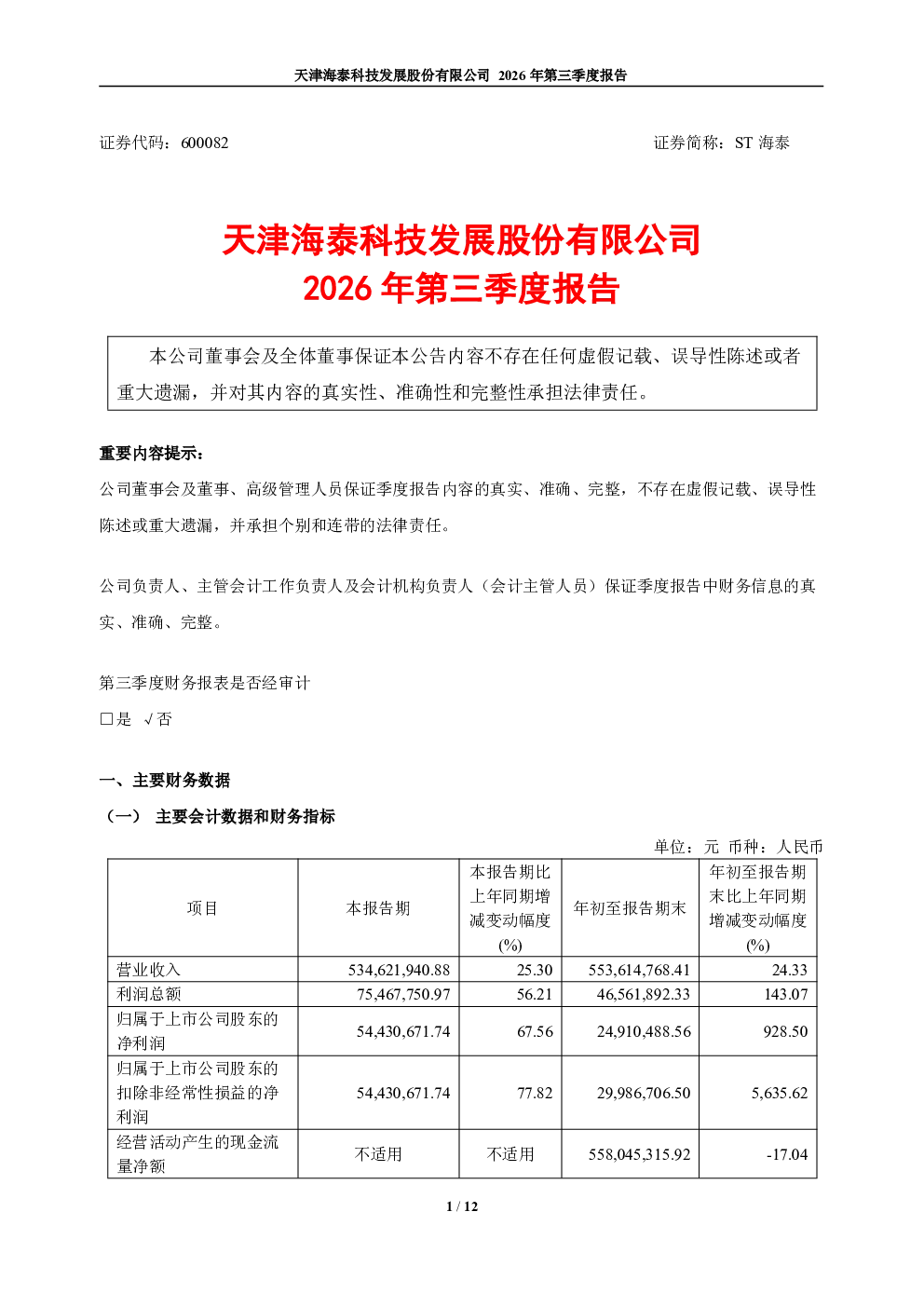 ST海泰：2026年第三季度报告
