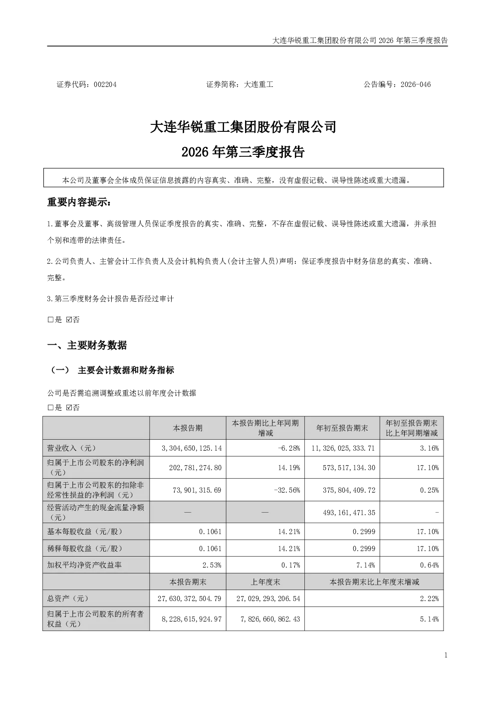 大连重工：2026年第三季度报告