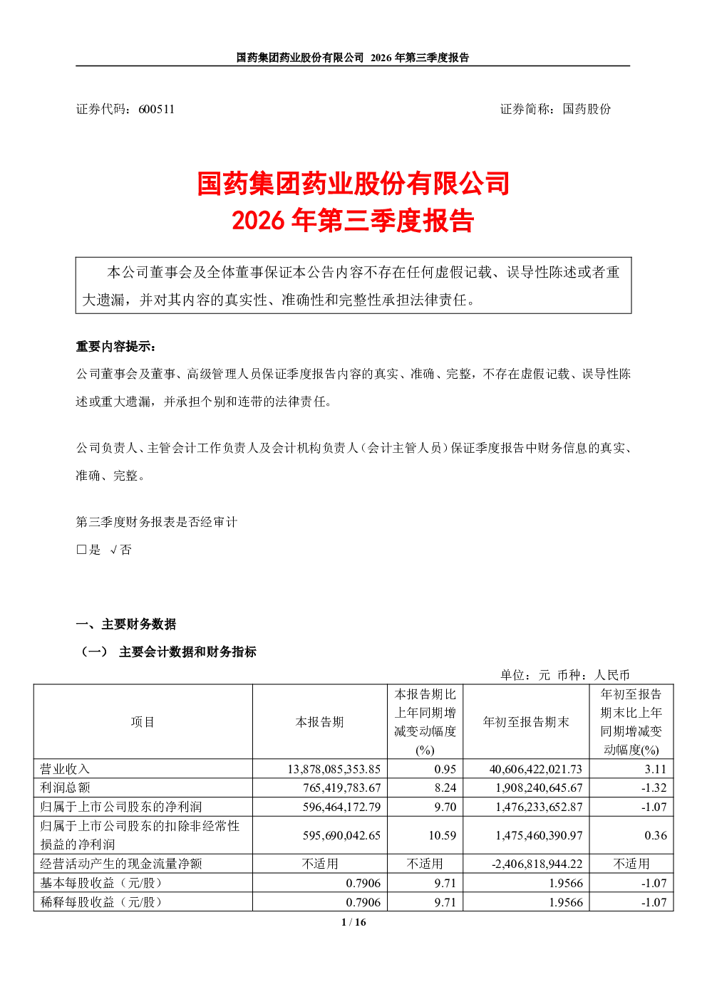 国药股份：2026年第三季度报告