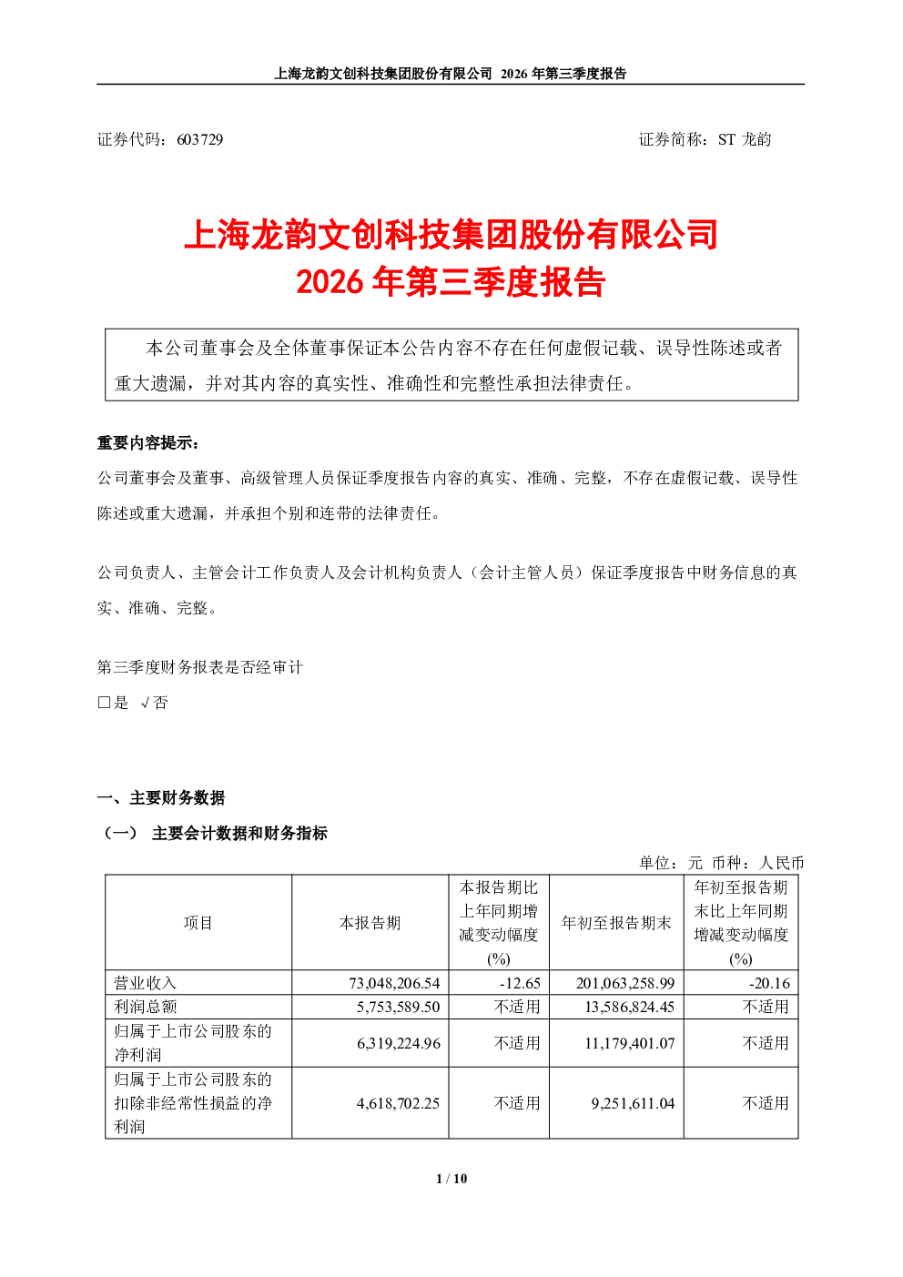 ST龙韵：2026年第三季度报告