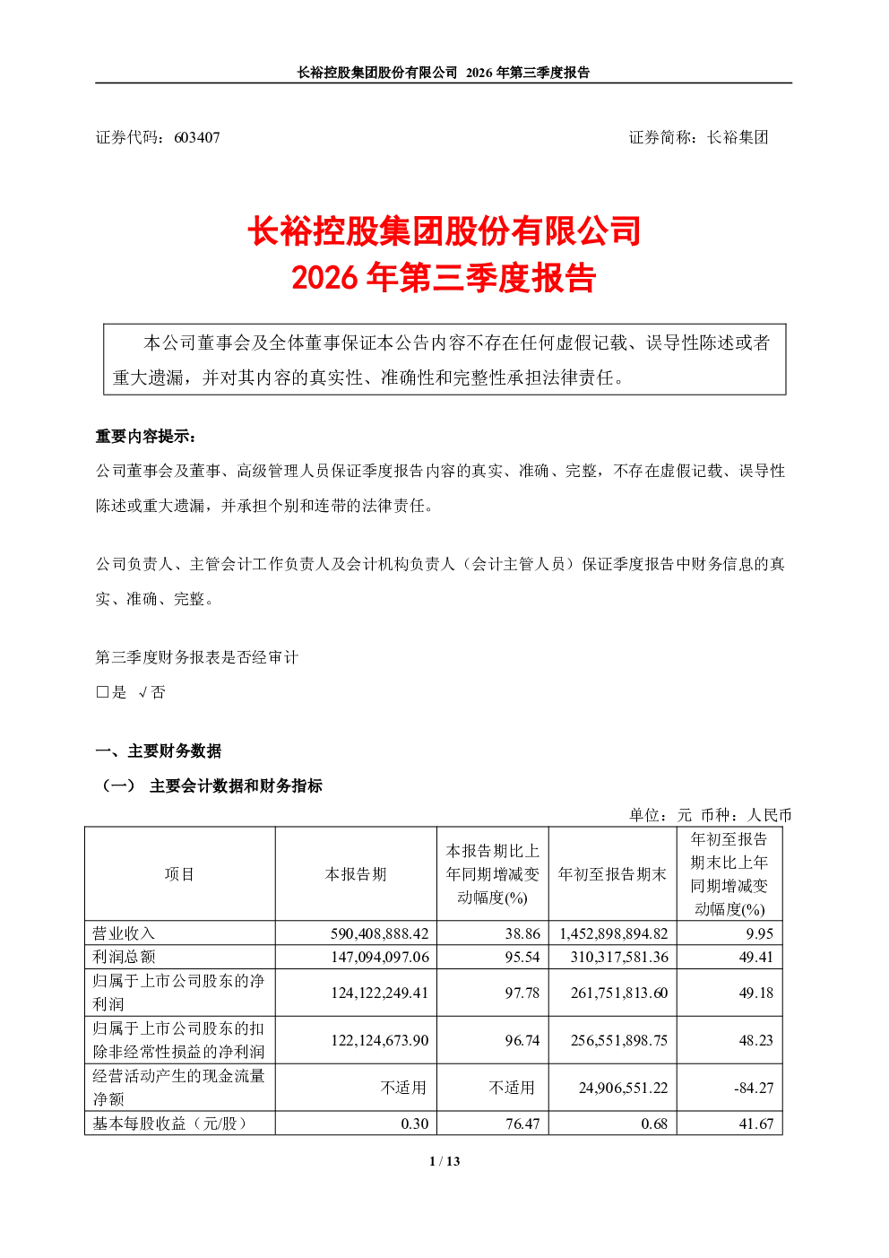 长裕集团：2026年第三季度报告