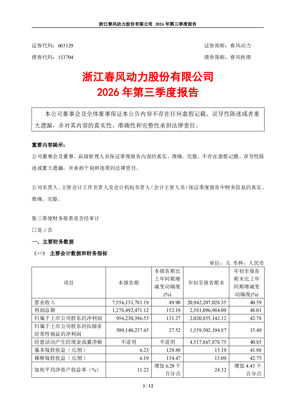 春风动力：2026年第三季度报告