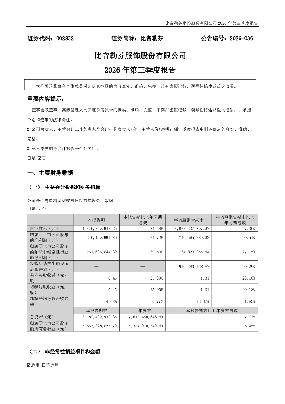 比音勒芬：2026年第三季度报告