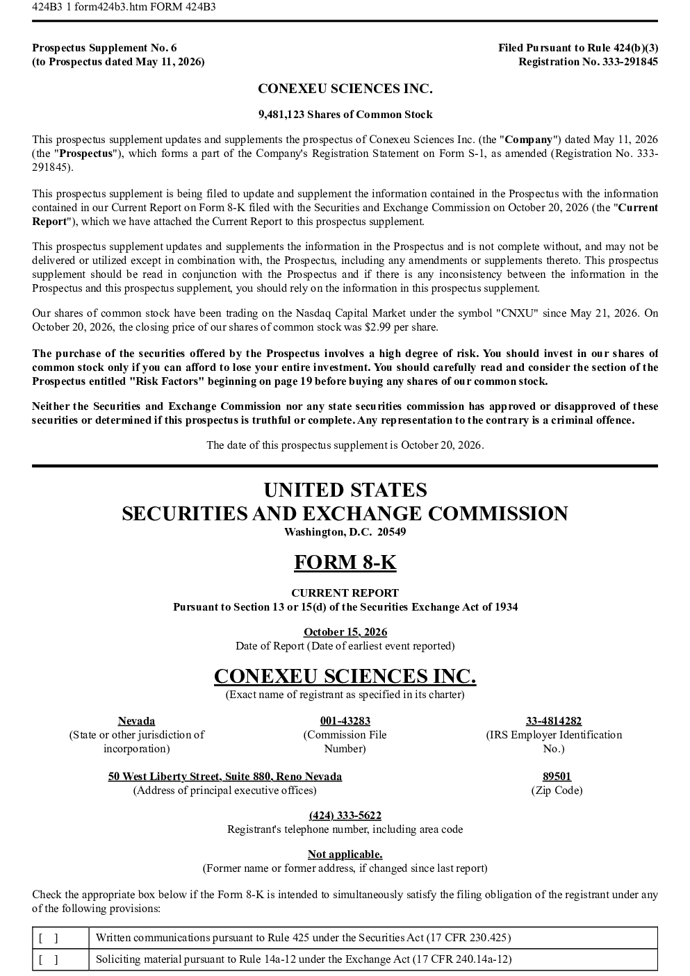 Conexeu Sciences Inc美股招股说明书(2026-10-21版)