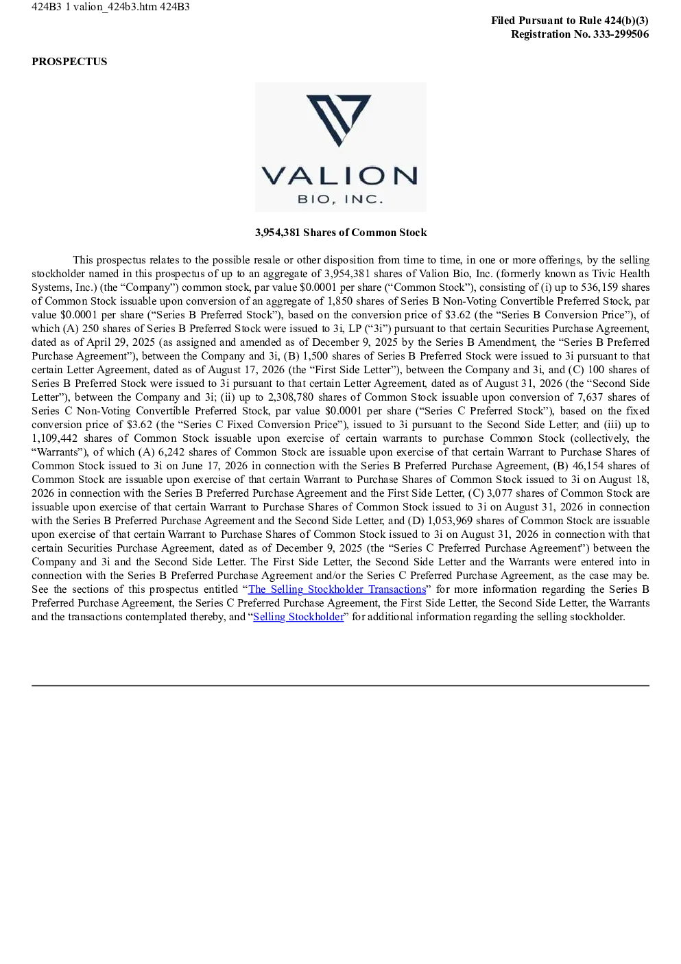 Valion Bio Inc美股招股说明书(2026-10-21版)
