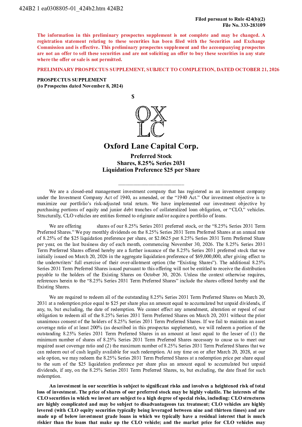 Oxford Lane Capital Corp美股招股说明书(2026-10-21版)