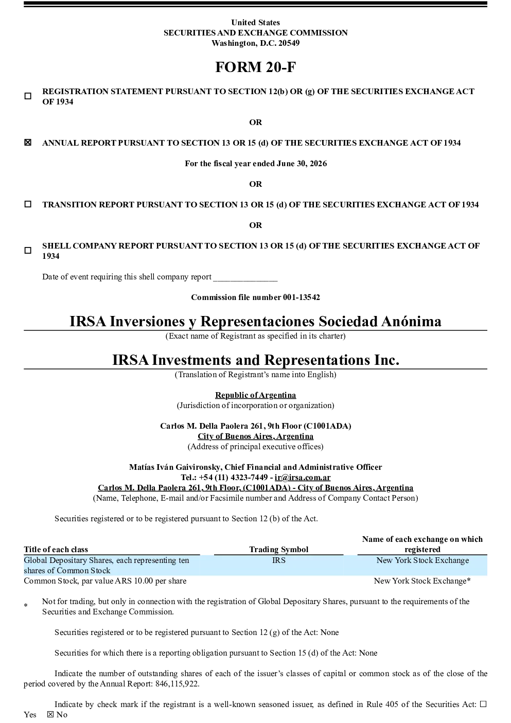 IRSA Inversiones y Representaciones SA ADR 2026年年度报告和过渡报告