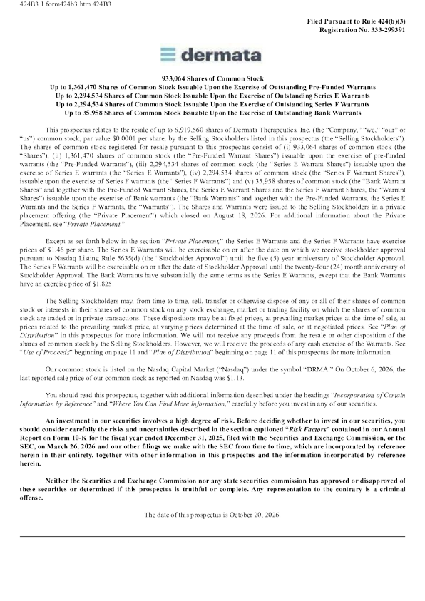Dermata Therapeutics Inc美股招股说明书(2026-10-21版)