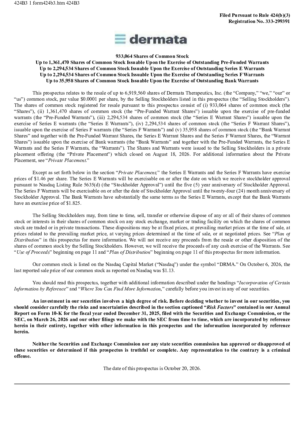 Dermata Therapeutics Inc美股招股说明书(2026-10-21版)